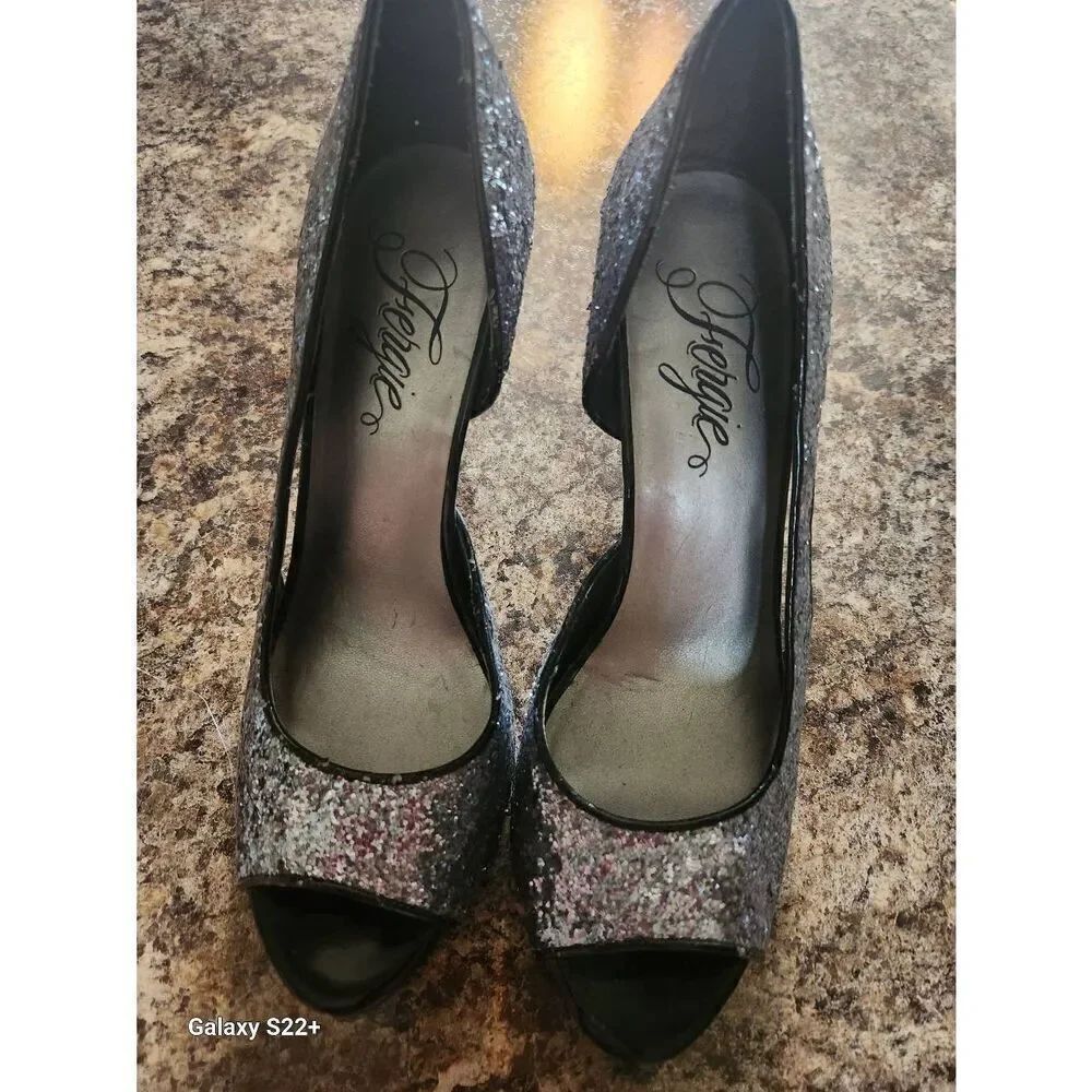 Fergie silver sparkly and black high heel pumps m